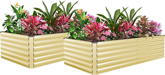 FOOWIN 2pcs 8x4x2ft Galvanized Raised Garden Bed, Planter Raised Garden Boxes Outdoor, Large Metal Raised Beds for Gardening, Garden Bed for Vegetables, Flowers, Herb,478 Gallon Capacity, Cream Yellow