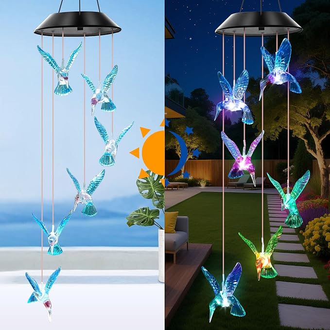 Blue Hummingbird Solar Wind Chimes Color Changing Lights Outdoor, Best Gifts for Mom Grandma Women Wife Aunt Daughter Sister, Unique Mobile Wind Chime, Gardening Yard Decorations