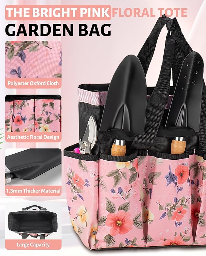 Pink Gardening Tools, Garden Tool Set for Women,5 Piece Womens Gardening Kit with Floral Garden Bag,Gifts for Wife (5-Piece Pink)