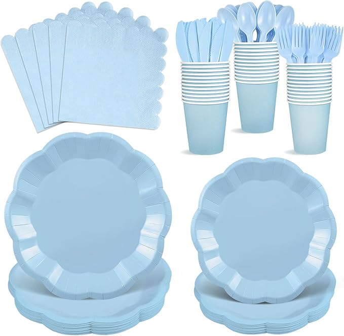 175 Pcs Light Blue Plates and Napkins Set, 25 Guest Blue Supplies Include Scalloped Plate Napkin Cup Forks Knives Disposable Plastic Cutlery for Wedding Baby Shower Birthday Banquet