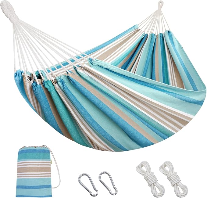 INNO STAGE 2 Persons Hammock with Tree Straps - Brazilian Double Hammock, Portable Hanging Camping Bed for Patio, Backyard, Porch, Outdoor and Indoor Use Soft Cotton Carrying Bag, Blue, XX-Large