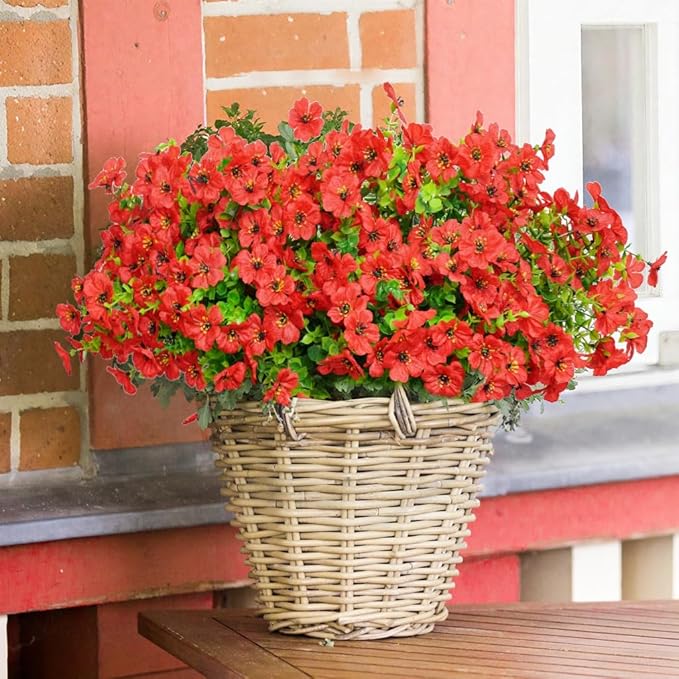 Artificial Flowers for Outdoors, 12 Bundles Outdoor Faux Plants,Uv Resistant Artificial Fake Flowers Plants, Realistic Spring Decor for Porch, Patio, Yard (Red)