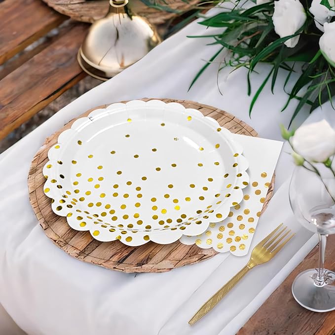 White and Gold Paper Plates and Napkins,7 Inch White and Gold Scalloped Disposable Dessert Plates Paper Napkin Fork Party Supplies for Wedding Baby Shower Birthday(25 Guest)