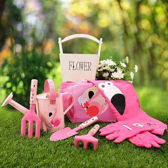 Kids Garden Tools, Yard Tools Kit for Garden, Beach, Outdoor Play, Include Shovel, Rake, Fork, Kids Apron, Tote Bag, Garden Gloves and Watering Can, Educational Garden Toys Gifts for Girls