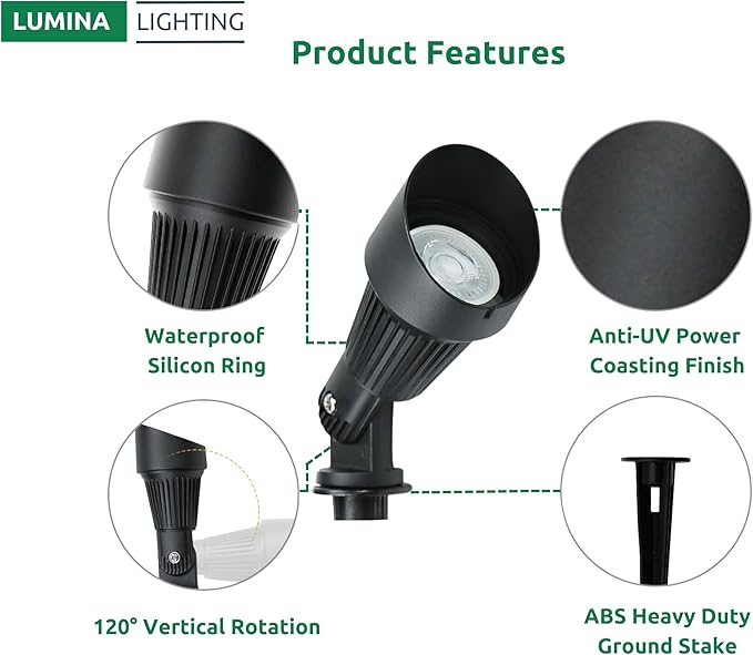 Lumina Lighting® 4W Landscape Lighting 12V Landscape Lights Low Voltage Landscape Spotlights Warm White Waterproof Outdoor Replaceable LED Bulb for Garden, Lawn, Porch, Patio and Yard (Black, 6-Pack)