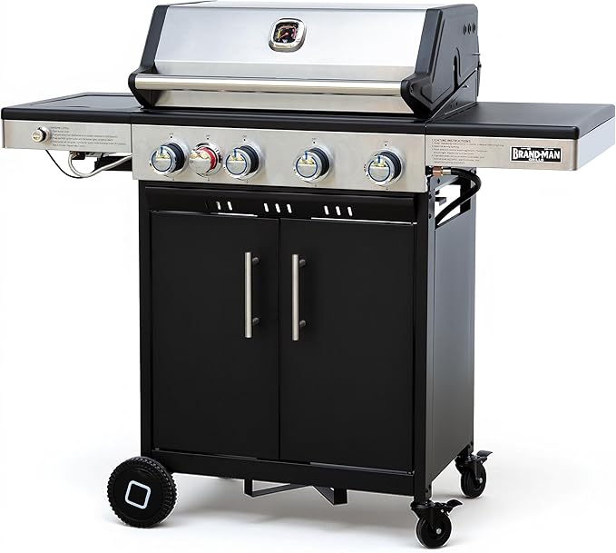 Brand-Man 4 Burner Propane Grill with Infrared Sear Side Burner 8500 BTU, Cabinet Style Gas BBQ Grill with Side Table for Barbecue Grilling & Backyard Cooking