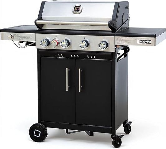 Brand-Man 4 Burner Propane Grill with Infrared Sear Side Burner 8500 BTU, Cabinet Style Gas BBQ Grill with Side Table for Barbecue Grilling & Backyard Cooking