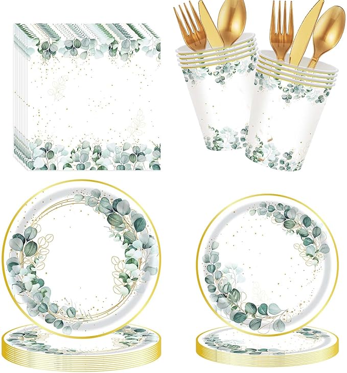 Eucalyptus Party Decorations, Baby Shower Bridal Shower Paper Plates and Napkins, Eucalyptus Tableware Set, for Boho Gender Neutral Wedding Birthday Party, Serves 24 (Green)