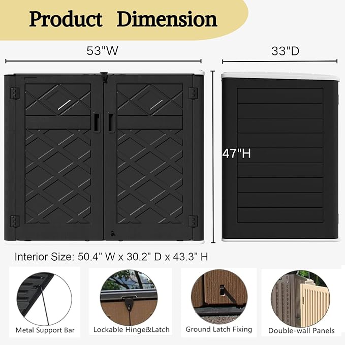 ZZM Large Outdoor Storage Shed, 48 Cu Ft Resin Versatile Storage Cabinet for Patio Accessories, Trash Cans & Garden Tools, Durable Horizontal Storage Box with Lockable Lid (Black)