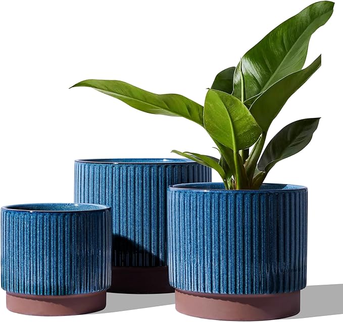 LE TAUCI Ceramic Pots for Plants, 8+6.7+5.5 Inch Plant Pots Indoor, Flower Pot with Drainage Holes, Medium Cylinder Planters for Indoor House Plants, Set of 3, Blue