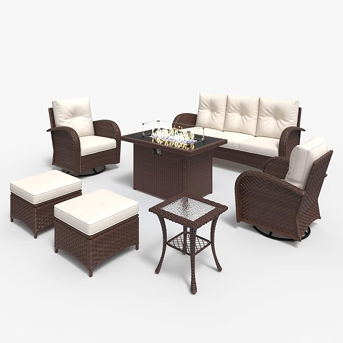 LayinSun 7 Pieces Outdoor Patio Furniture Set with Fire Pit Table, Rattan Wicker Sectional Swivel Rocker Chairs Sets