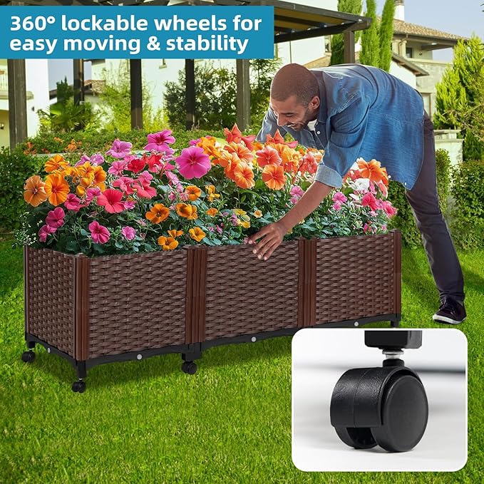 Raised Garden Beds Outdoor With Wheels, Large Garden Planter Box With Drain Outlet and Lockable Wheels, Self Watering Rectangular Planters for Outdoor Plants Flowers Vegetables, 47.2"X15.7"X16.1"