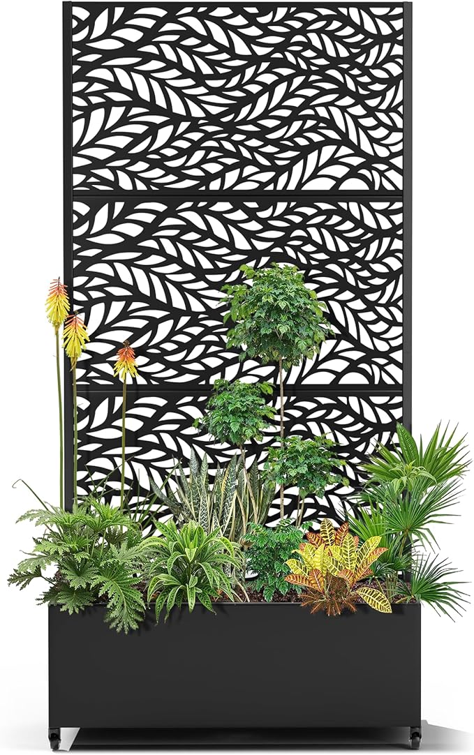 15.7"×70.9"×35.4" Metal Raised Garden Bed with Trellis and Wheels - Tall Trellis Planter Box for Climbing Plants, Vegetables & Vines - Outdoor Privacy Planters for Patio (Black-Spring)