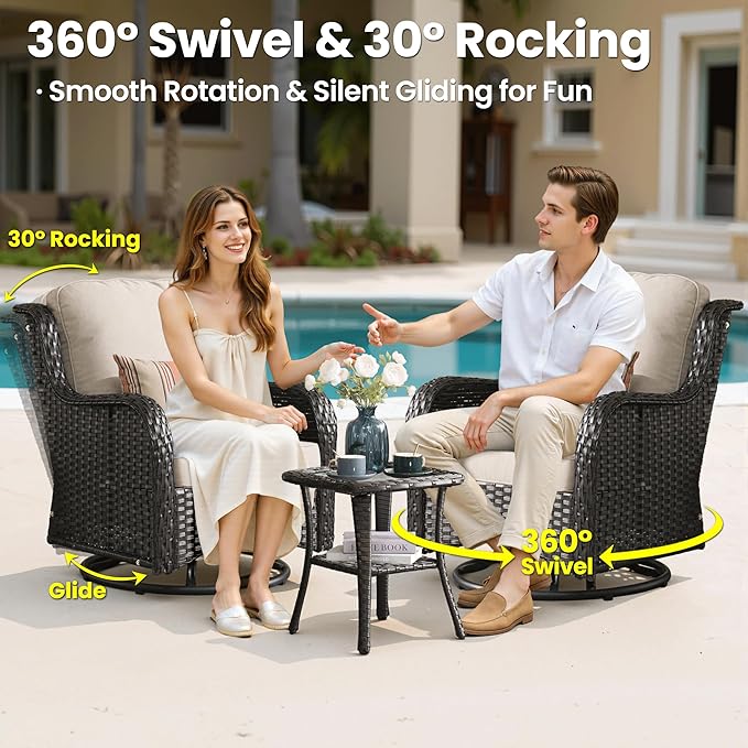 ovios 7 Pieces Patio Furniture Set, Outdoor Wicker Sofa Couch with Swivel Chairs 54" Fire Pit Table, All Weather High Back Modern Conversation Sets, Brown Rattan, Beige