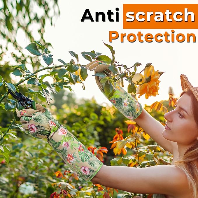 HANDLANDY Leather Gardening Gloves for Women, Scratch Resistant Breathable Ladies Rose Pruning Garden Gauntlet Yard Gloves, Gift for Gardeners (Khaki, L)