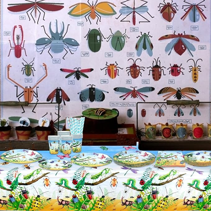 Insect Party Supplies - Bugs Party Tableware - Dinner Plates Desserts Plates Cups Napkins Bugs Insect Tablecover Straws for Class Office Garden Reptile Baby Shower Decorations, Serves 40