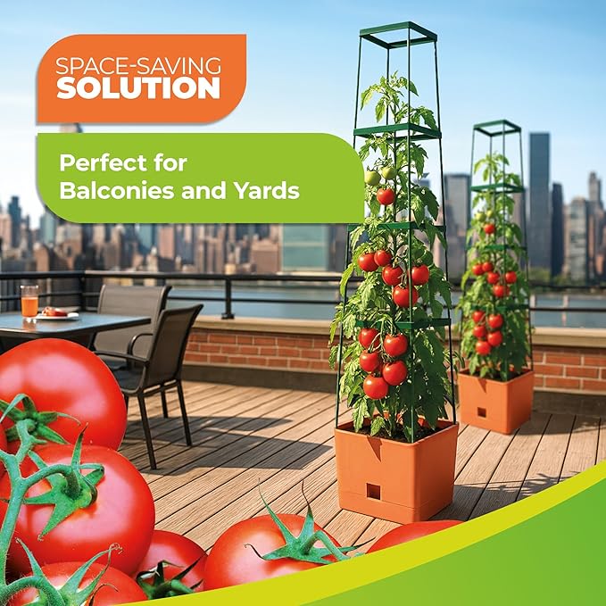 Bio Green 2 Pack Garden Tomato Planter MAXITOM, with Plant Support Trellis 59 inch and Self Watering, 4,2 Gal Planter Box for Climbing Vegetables Plants, Terracotta