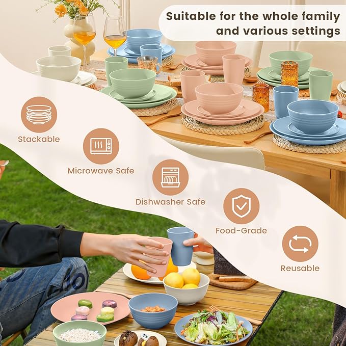 Homienly 40-Piece Dinnerwave Sets, Service for 8, Wheat Straw Dinnerware Set - Plates and Bowls Set with Cups, Lightweight Microwave and Dishwasher Safe Dish Set for Dinner, Outdoor - Multi Light