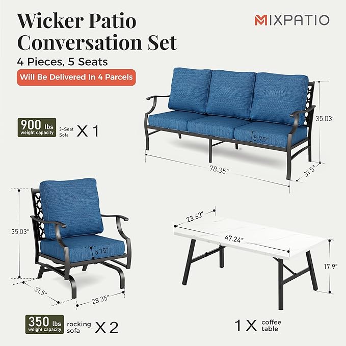 Patio Furniture Set 4 pcs, Outdoor Patio Furniture, 3-Seat Sofa, 2 Rocking Chairs, Coffee Table and 5.75" Extra Thick Cushion, Conversation Set for Backyard Deck, Gemstone Blue
