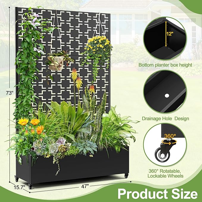 Raised Garden Bed with Trellis and Wheels,73"x47"x16" Metal Raised Garden Bed,Black Squared Metal Planter with Climbing Trellis for Vines & Vegetables