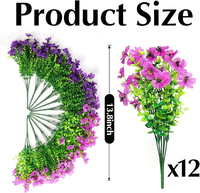 Artificial Flowers for Outdoors, 12 Bundles Outdoor Faux Plants,Uv Resistant Artificial Fake Flowers Plants, Realistic Spring Decor for Porch, Patio, Yard (DoublePurple)