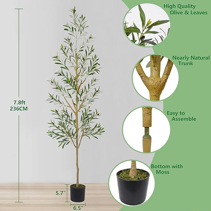 7.8ft (93”) Artificial Olive Tree, Tall Fake Olive Plant with Basket, Indoor Outdoor Faux Olive Silk Tree for Home Livingroom Office Floor Decor (Natural Green Leaves)