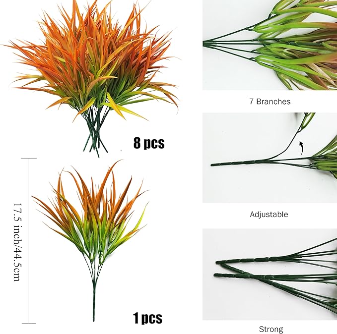 Outdoor Artificial Plants 8 Bundles Fake Plants Grass UV Resistant Fake Flowers Bush Greenery,17Inch Tall Faux Grass Shrubs for Home Porch Pathway Garden Décor Outside Indoor (Orange)