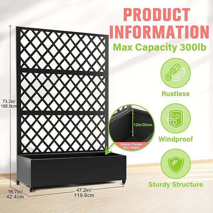 Metal Planter Box with Trellis, Raised Garder Bed with Drainage Hole, Privacy Screen & Trellis for Climbing Plants, Outdoor Plant Stands, 47''L×17''W×73''H, Black