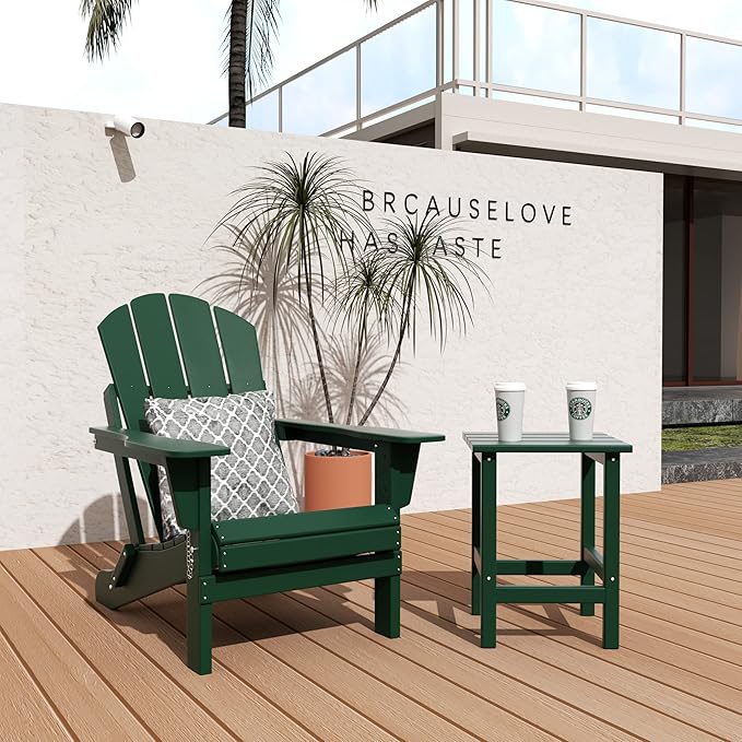 WO Home Furniture Adirondack Chair Table Set of 2 PCS Outdoor Folding Chair w Side Table Weather/UV Resistant for Lawn, Garden, Bon Fire, Balcony (Dark Green)