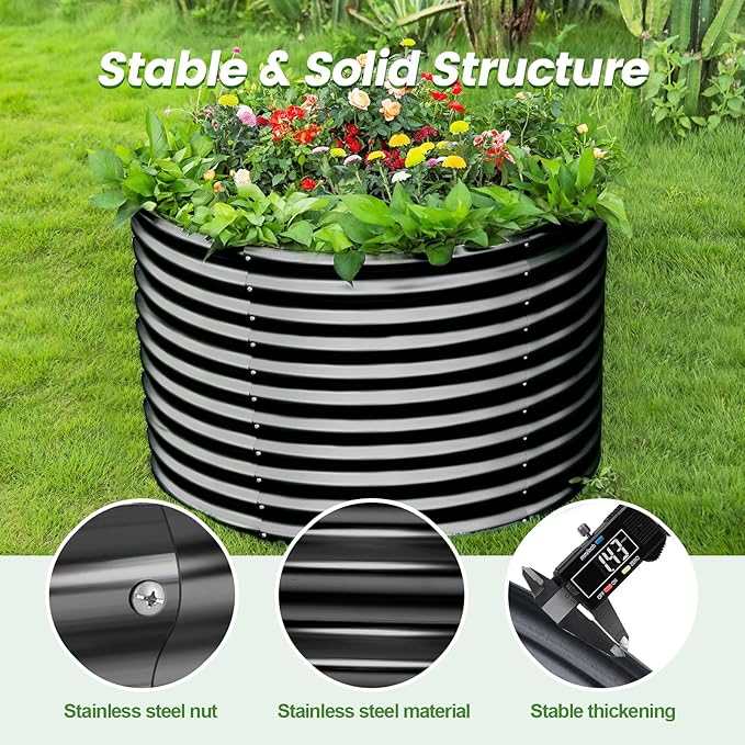 Land Guard 3×3×3ft Galvanized Raised Garden Bed Kit, Round Galvanized Planter Raised Garden Boxes Outdoor, Large Metal Raised Garden Beds for Vegetables, Grey