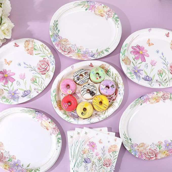 Havawish 100 Pcs Floral Paper Plates and Napkins Baby in Bloom Baby Shower Decorations Wildflower Party Supplies 12 Inch Disposable Plate 13 Inch Napkins Garden Dinner Tableware for Wedding Bridal