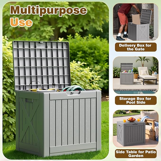 Flamaker Resin Deck Box 40 Gallon Waterproof Outdoor Indoor Storage Box Imitation Wood Resin for Patio Furniture Garden Tools and Pool (Gray)