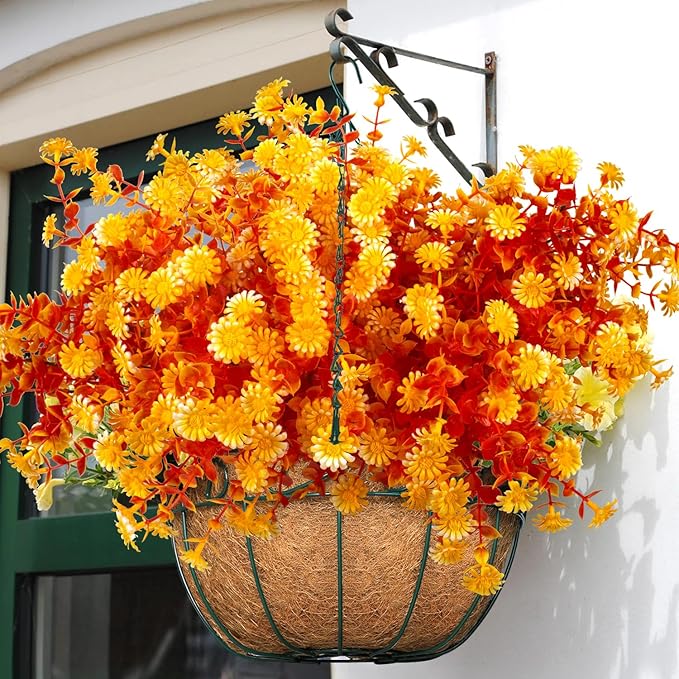 12 Bundles Artificial Fall Flowers for Outdoors Fake Plants - Faux Outside Greenery Boxwood No Fade Plastic Shrubs Decor Farmhouse Home Garden Thanksgiving (Fall Yellow)