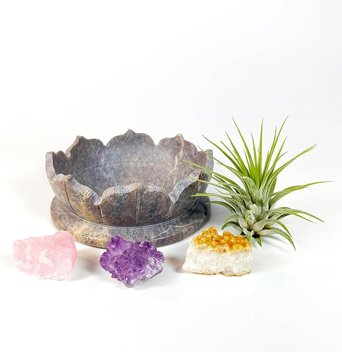 Lotus Carved Stone Bowl with Small Amethyst, Rose Quartz, Citrine Crystals and Air Plant – Mindfulness Decor for Yoga Meditation Enthusiasts, Crystal Collector