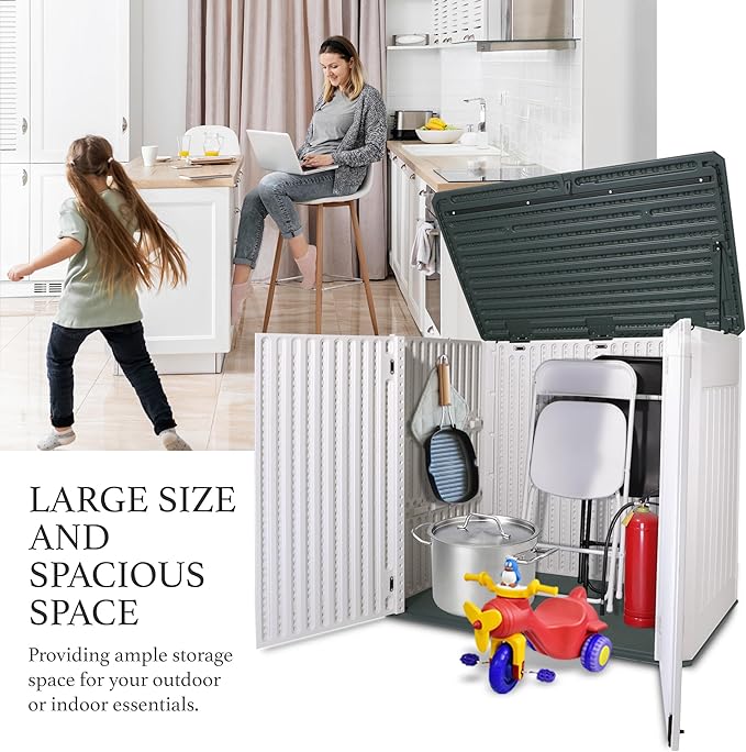 47 Cu ft Outdoor Storage Shed, Resin Outdoor Storage Box for Patio Yard Weatherproof Outdoor Storage Cabinet for Tools Pool Supplies - Lockable Deck Boxes Outdoor Waterproof(Creamy White)