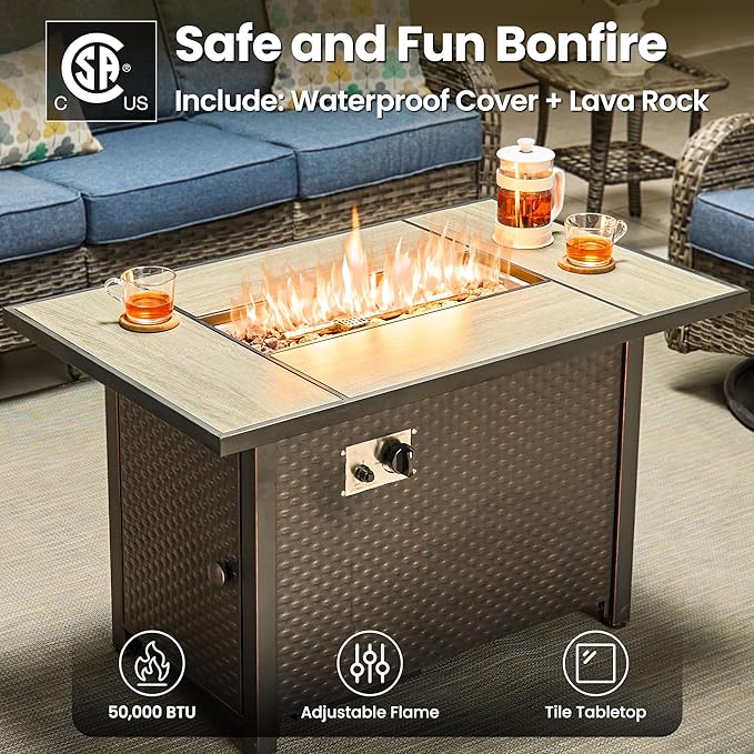 ovios 8 Pieces Patio Furniture Set, Outdoor Wicker Sofa Couch with Swivel Chairs 42" Fire Pit Table, All Weather High Back Modern Conversation Sets, Grey Rattan, Denim Blue