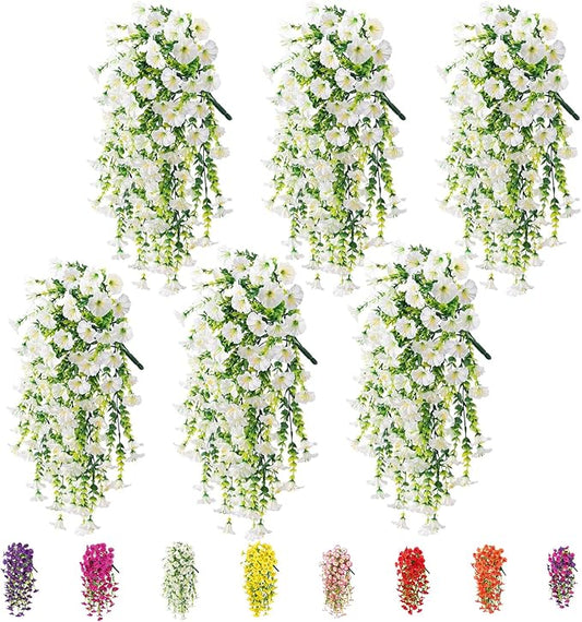 6-Pack Outdoor Faux Plants, 69-Flowered Large Morning Glory, Uv-Resistant Artificial Morning Glory,Perfect for Outdoor Decoration in All Seasons Such as Porches and Gardens (White)