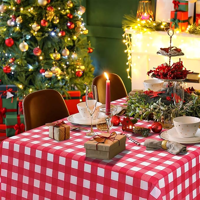 6 Pack Red and White Checkered Tablecloth, Red Plastic Table Cloths for Parties Disposable, 54 x 108 inch Waterproof Red Gingham Tablecloth for Birthday, Party, Christmas, Outdoor Picnic