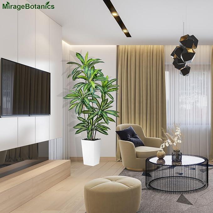 Artificial Dracaena Tree 6FT Tall Fake Plant with White Pot - Realistic Faux Dragon Tree with Tall Planter - Indoor Floor Plant for Home, Office,Mall, Living Room, Bedroom Decor (White - Planter, 6ft)