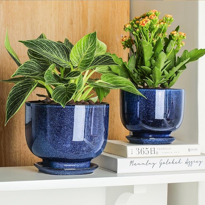 vicrays Ceramic Plant Pots Indoor - 6.8/5.5/4.3 Inch Planter Pot with Drainage Hole and Saucer for Succulent Orchid Flower Herbs Cactus - Gardening Home Desktop Office Decor – Set of 3 Blue