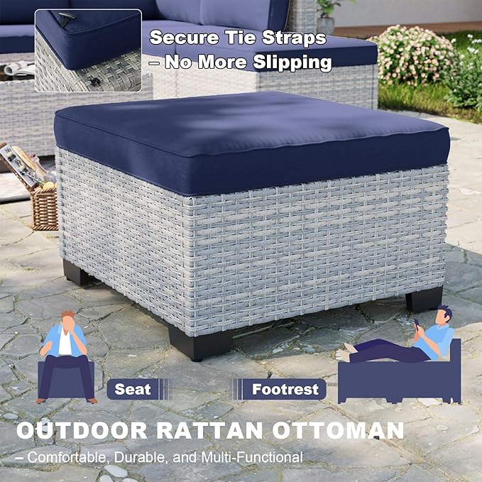 13-Piece Patio Furniture Set, Outdoor Patio Furniture with Swivel Chairs Set, Ottomans, 55,000 BTU Fire Pit Table, Modular Patio Sofa, Dual-Strand Wicker Rattan, Rust-Resistant Frame, Navy Blue