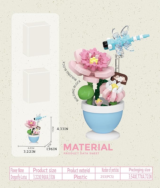 Dragonfly Lotus Mini Flower Cute Insects Potted Plant Bonsai Building Toy Blocks Particle Set Small Flowers Botanical