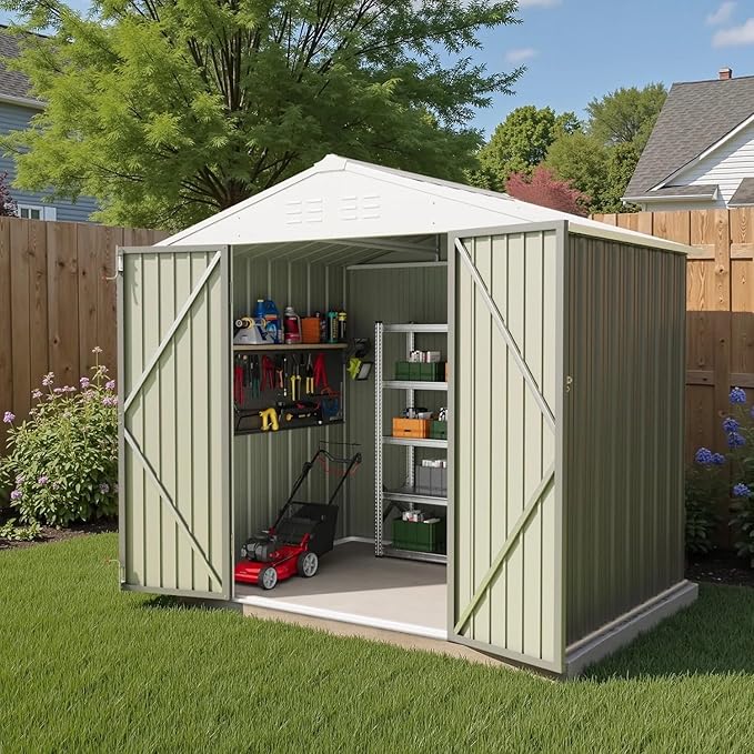 Greesum 8×6FT Outdoor Storage Shed, Metal Patio Storaged Sheds with Lockable Doors, Sheds & Outdoor Storage for Bike, Backyard, Pool and Garden, Gray