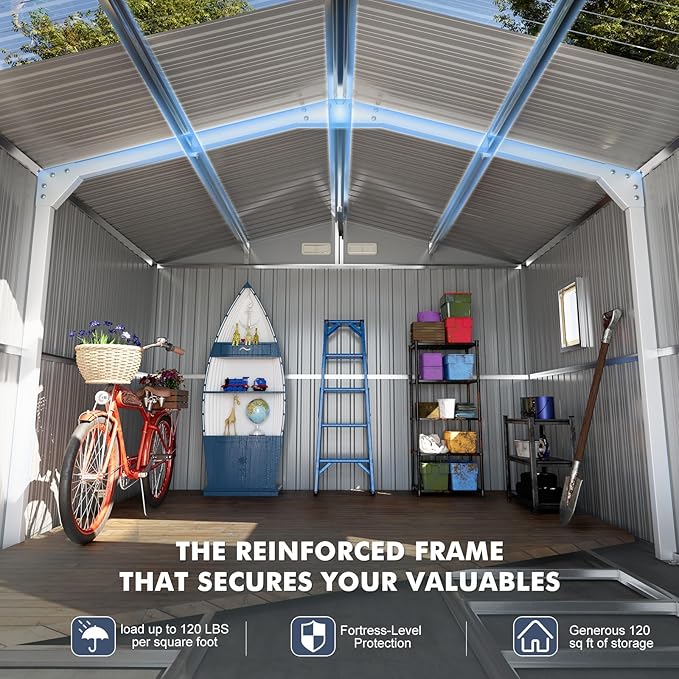 10x12 Metal Shed with Floor Frame Kit, Reinforced Construction - Translucent Roof Panels for Natural Light, Lockable Doors, Vents and Windows | Weatherproof Outdoor Storage for Garden/Backyard/Patio