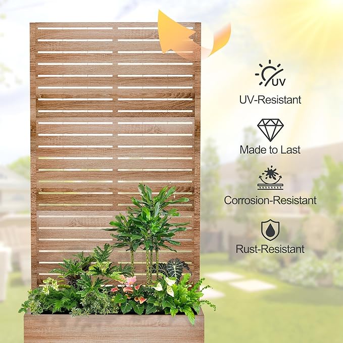 Raised Garden Bed with Trellis and Wheels,73"x47"x16" Metal Raised Garden Bed,Wood Finish Metal Planter with Climbing Trellis for Vines & Vegetables