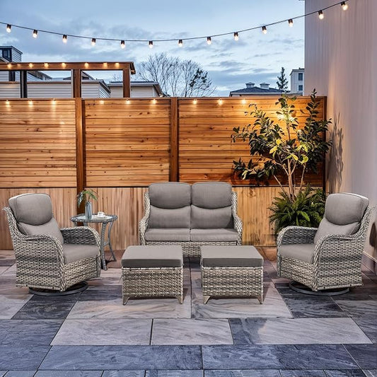 HUMMUH 6-Piece Outdoor Wicker Patio Furniture Set with Swivel Glider Chairs, Loveseat & Ottomans 5” Olefin Cushions Ergonomic Neck-Lumbar Backrest All-Weather Rattan for Garden, Deck, Porch