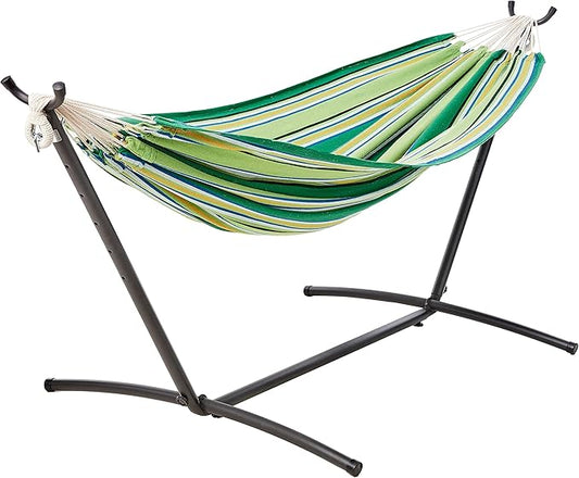 Amazon Basics Double Hammock with 9-Foot Space Saving Steel Stand and Carrying Case, 450 lb Capacity, Vigor Green, 110x47x43 inches