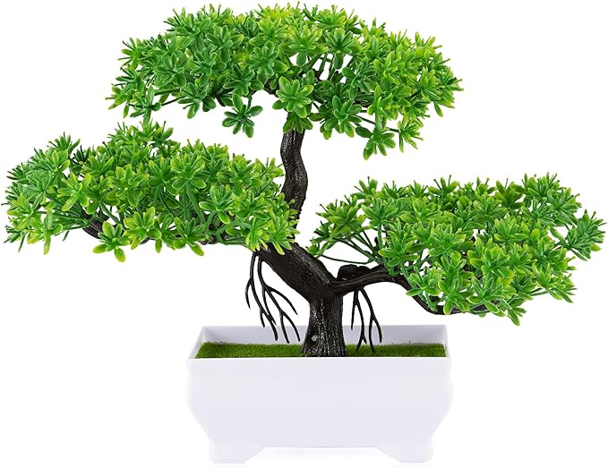 Mini Artificial Bonsai Tree Plants with Plastic Cement Pots for Home Office Décor (Green)