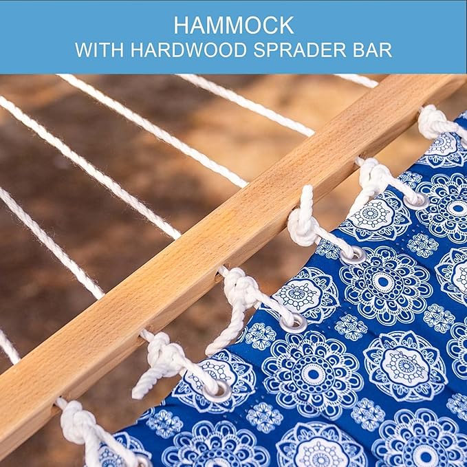 Lazy Daze Hammocks 12 FT Double Quilted Fabric Hammock with Spreader Bars and Detachable Pillow, 2 Person Hammock for Outdoor Patio Backyard Poolside, 450lbs Weight Capacity, Blue Floral, HM003648