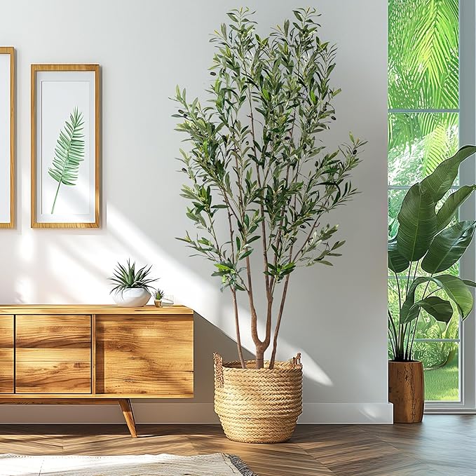 7FT Artificial Olive Tree Tall Faux Silk Plant Tall Faux Olive Tree with Natural Wood Trunk & Lifelike Fruits Fake Potted Tree or Home Office Decor